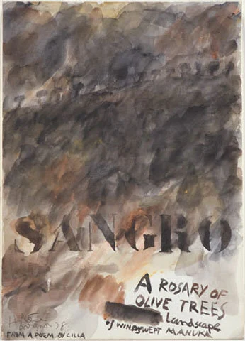 Sangro, a rosary of olive trees, landscape of windswept manuka. Image: Sangro, a rosary of olive trees, landscape of windswept manuka.
