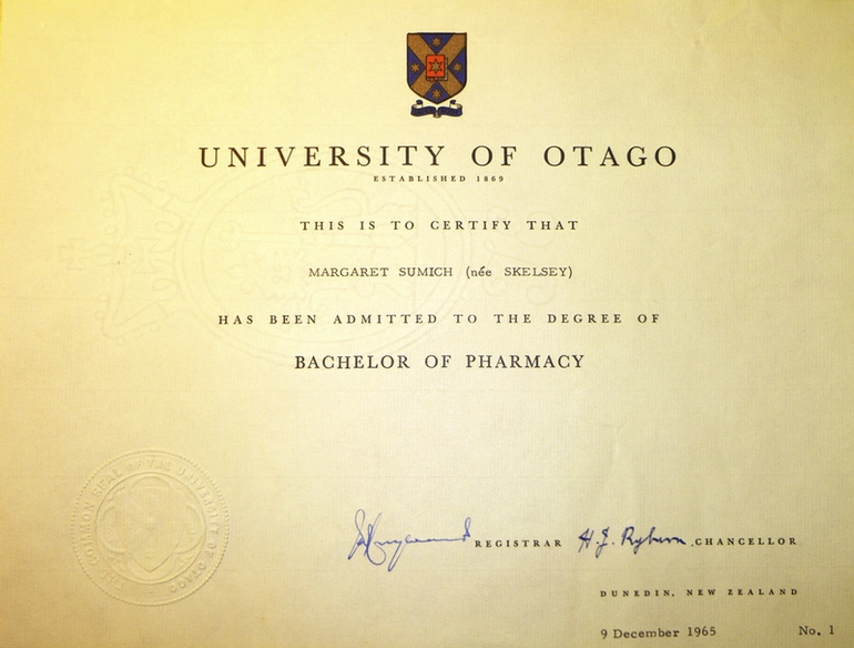Image: 1st BPharm Certificate, University of Otago