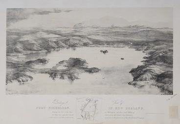 Birdseye view of Port Nicholson, in New Zealand, shewing the site of the town of Wellington, the river and valley of the Hutt and adjacent country. Image: Birdseye view of Port Nicholson, in New Zealand, shewing the site of the town of Wellington, the river and valley of the Hutt and adjacent country.