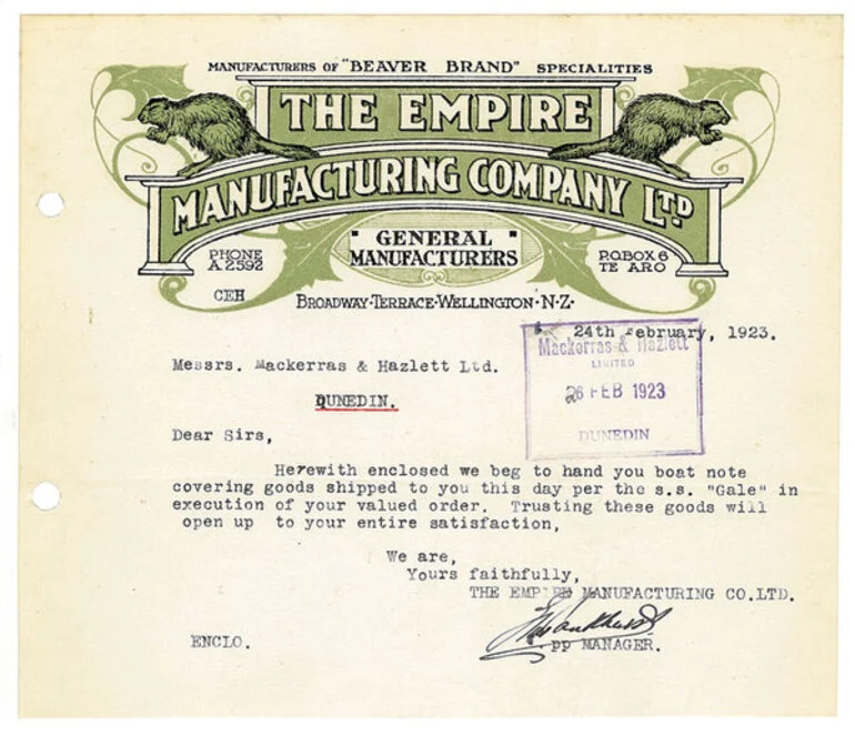 Image: Empire Manufacturing Company Limited letterhead