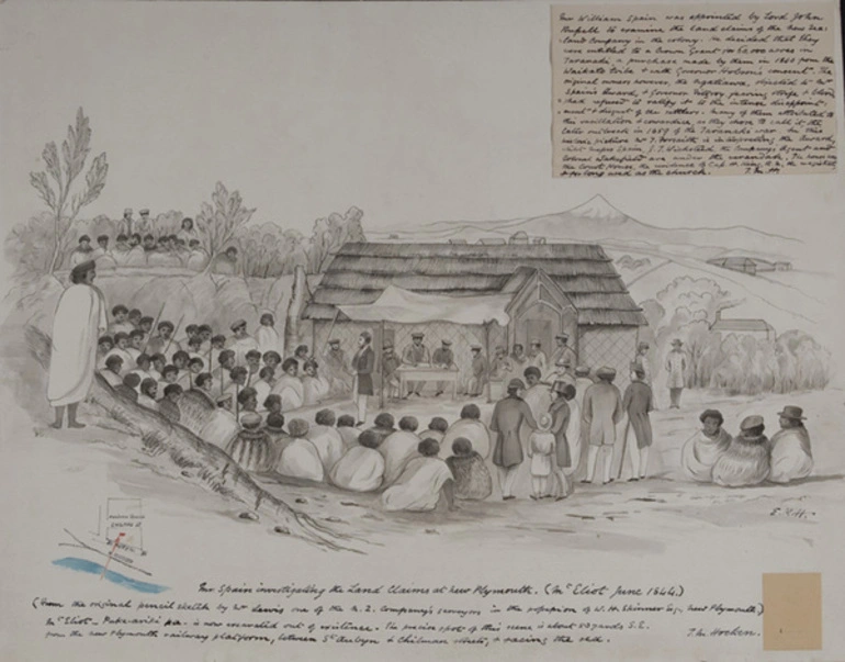 Image: Mr Spain investigating the land claims at New Plymouth, Mt Eliot, June 1844 from the original pencil sketch by Mr Lewis, one of the NZ Company’s surveyors.