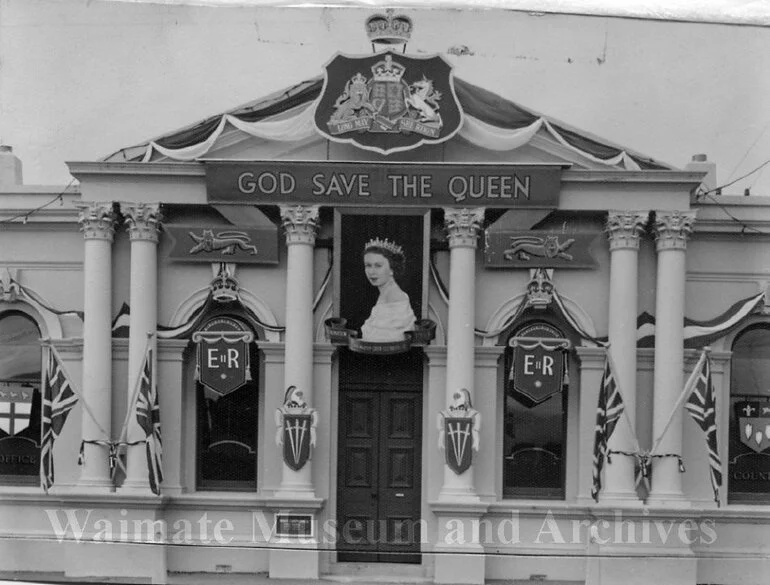 Image: Waimate County Chambers decorated for the visit of Queen Elizabeth II, 1954