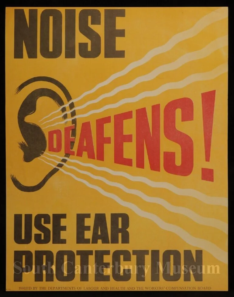 Image: Noise defeans! Use ear protection [Department of Labour and Health safety poster]
 Poster