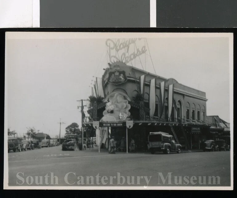 Image: Mascot finance building, decorated for Queen Elizabeth's visit, 1954