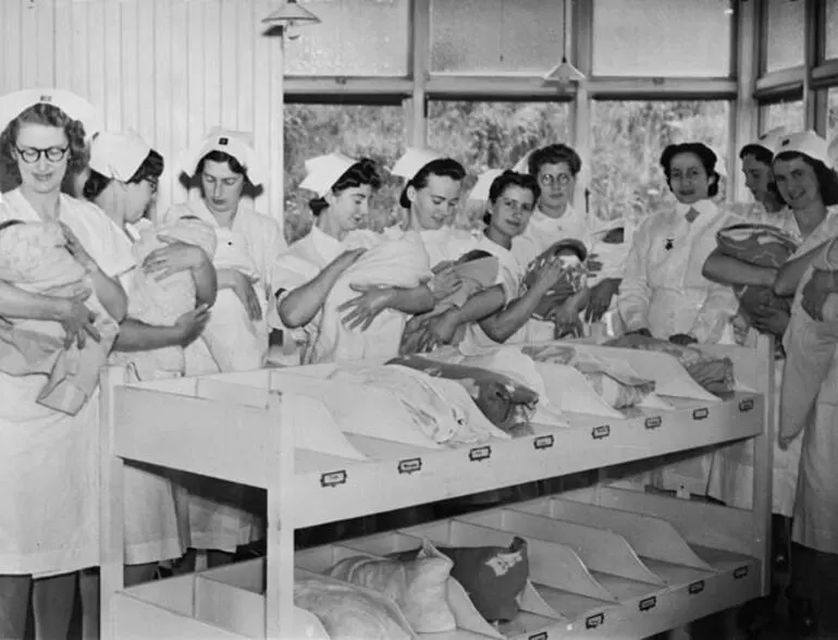 Image: Babies on a nursery trolley, 1944