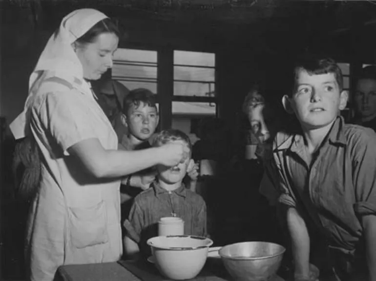 Image: Cod-liver oil time, Ōtaki Health Camp, 1945