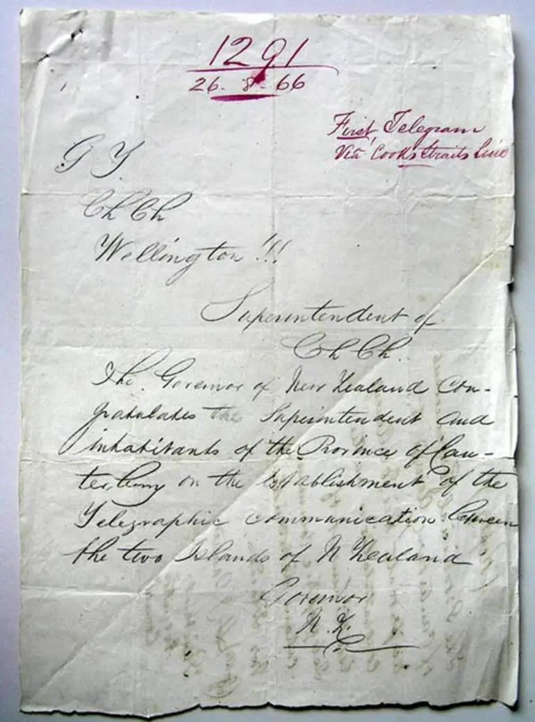 Image: First telegram to cross the Cook Strait cable