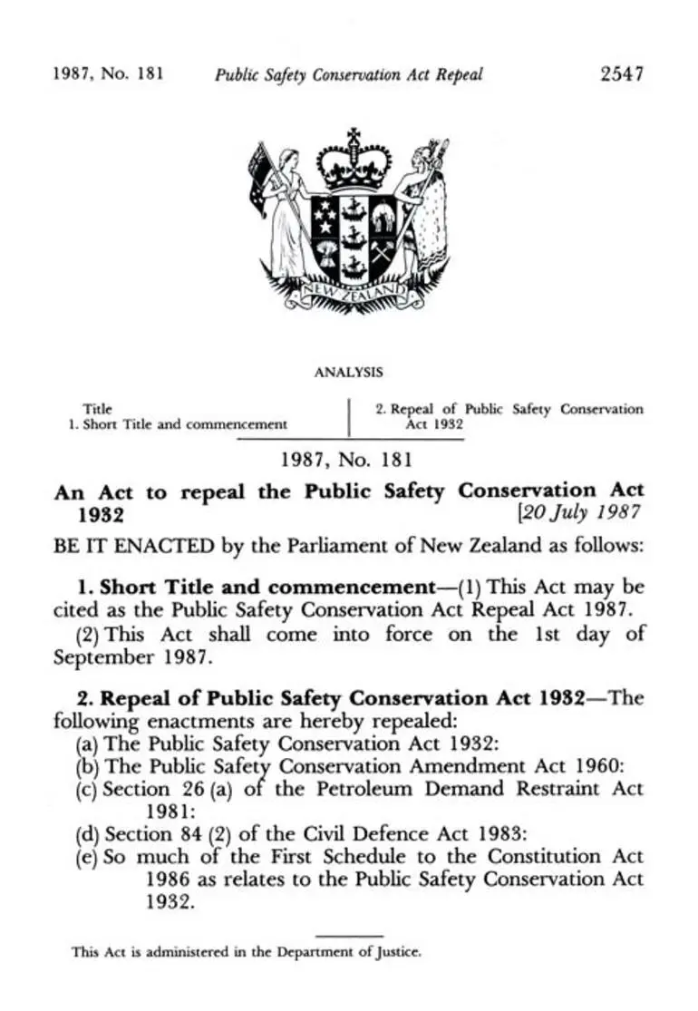 Image: Public Safety Conservation Act Repeal Act 1987