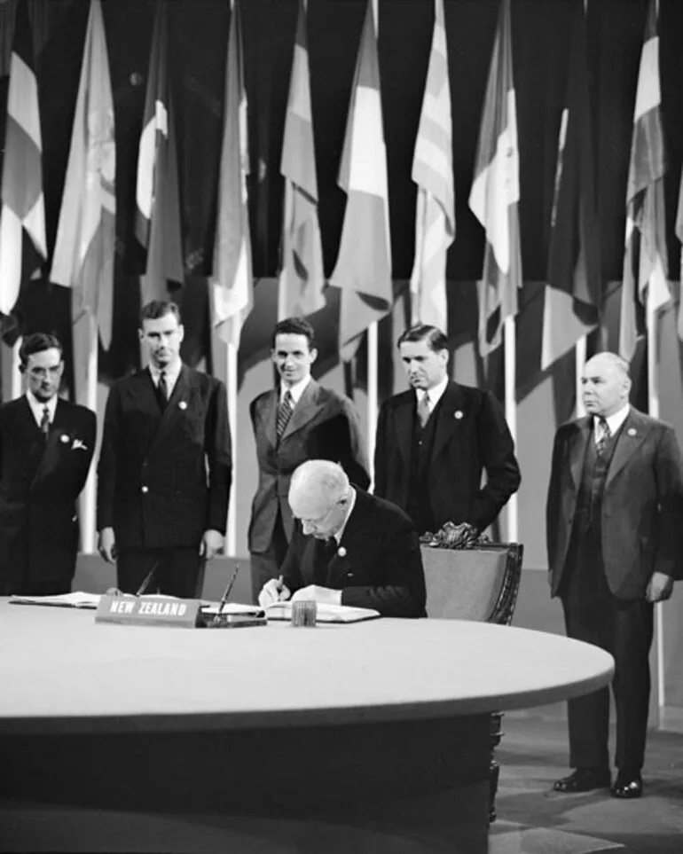 Image: Peter Fraser signing the United Nations Charter, 1945