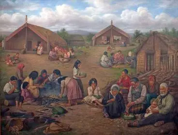 Image: Meal time in a Māori village