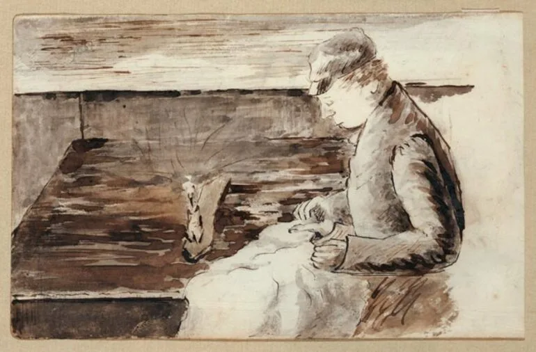Image: James Humphries sewing on board ship, 1851