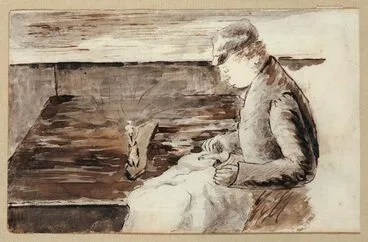 Image: James Humphries sewing on board ship, 1851