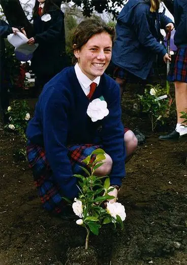 Image: Planting a 'Kate Sheppard' camellia, 1993