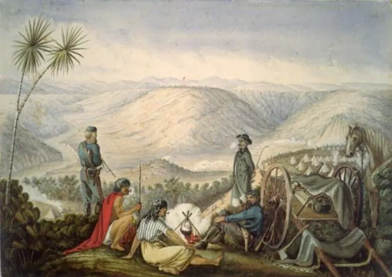 Image: 'Encampment of Chute's forces near Pūtahi pā, on the Whenuakura River'