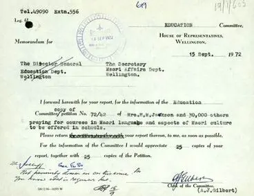 Māori language petition memo Image: Māori language petition memo