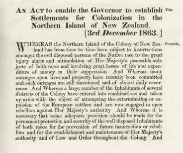 The New Zealand Settlements Act of 1863 Image: The New Zealand Settlements Act of 1863
