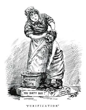 Suffrage cartoons: cleaning up politics Image: Suffrage cartoons: cleaning up politics