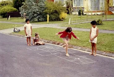 Image: Girls playing hopscotch, around 1970
