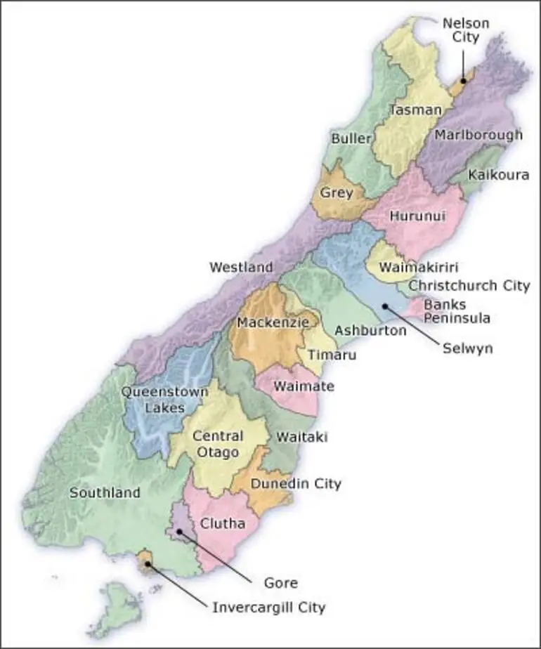 Image: South Island district and city council boundaries