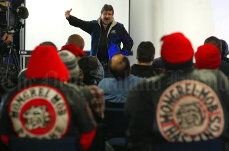 Image: Pita Sharples talks to gang members, 2004