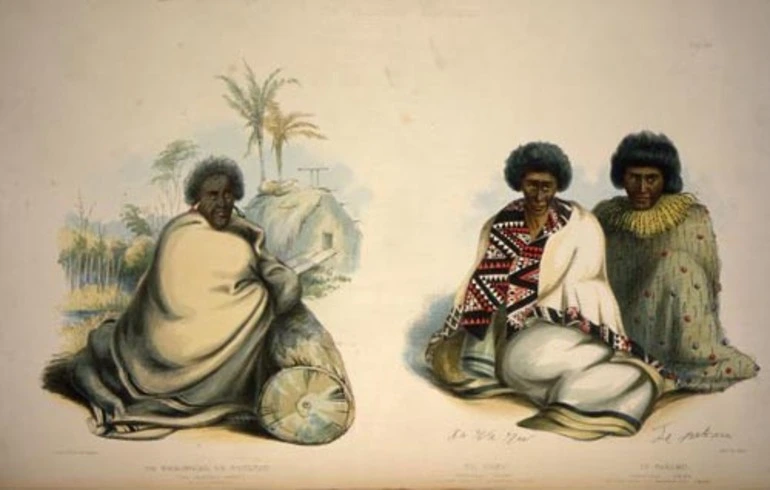 Image: Pōtatau Te Wherowhero (left), Te Waru (centre) and Te Pakaru (right), painted by George French Angas