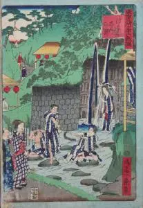 A man seated on a rock in a stream spars with another standing; a woman stands under a waterfall