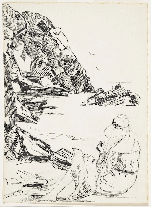 [Moncrieff, Perrine Millais] 1893-1979 :[Woman sitting on beach, drawing. ca 1920]