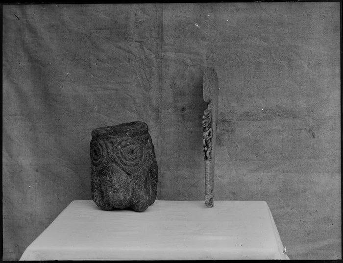 Whale bone Patu and carved stone pot, Record