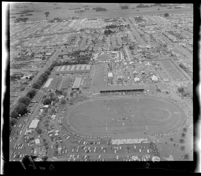 Aerial view of Palmerston North A & P Showgrounds (Agricultural & Pastoral), Manawatu-Whanganui Region, including show jumping in progress