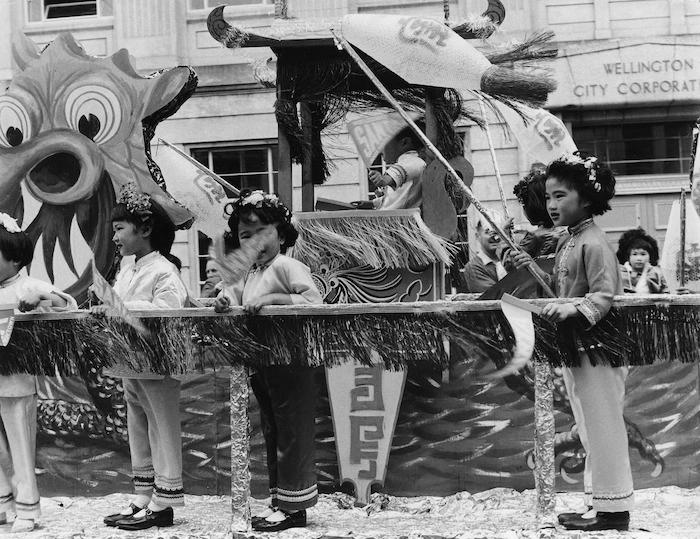 James Smith's Christmas Parade: Chinese girls on a Chinese dragon float