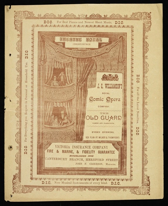 J C Williamson's Royal Comic Opera Company :The old guard, [by] Farnie and Planquette. Every evening. Theatre Royal Christchurch [Wednesday November 15, 1892. Front cover].