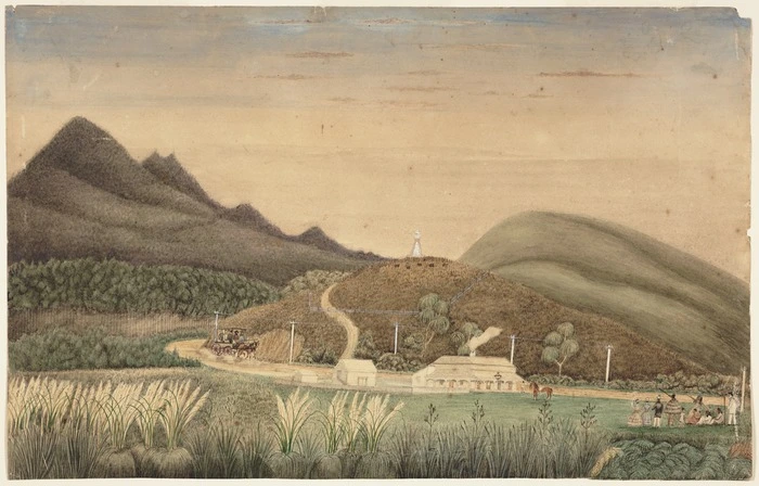 Liardet, Wilbraham Frederick Evelyn 1799-1878 :[Scene of the Wairau Massacre at Tuamarina, Blenheim. 1866?]