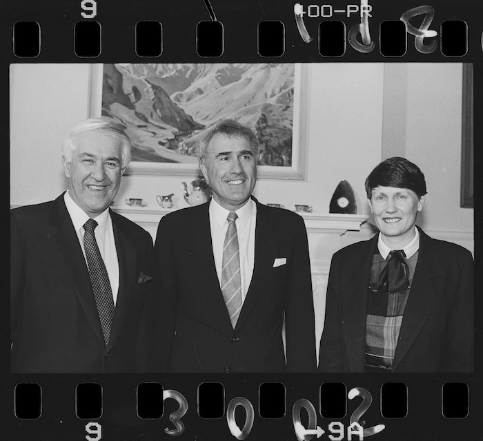 Geoffrey Palmer, Helen Clark and Sir Paul Reeves at Government House, Wellington - Photograph taken by John Nicholson