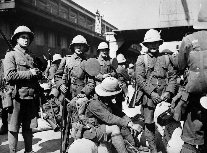 Soldiers of the Pioneer Battalion awaiting departure during World War I, probably in Wellington
