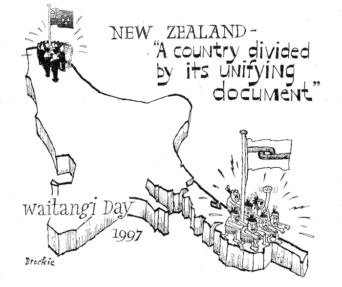 Brockie, Bob :New Zealand - 'A country divided by its unifying document'. Waitangi Day, 1997