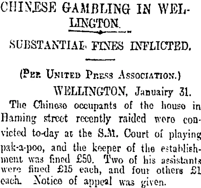 CHINESE GAMBLING IN WELLINGTON. (Otago Daily Times 1-2-1902)