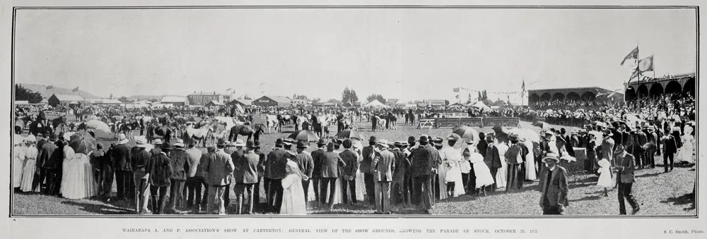 WAIRARAPA A. AND P. ASSOCIATION'S SHOW AT CARTERTON: GENERAL VIEW OF THE SHOW GROUNDS, SHOWING THE PARADE OF STOCK, OCTOBER 29, 1908.