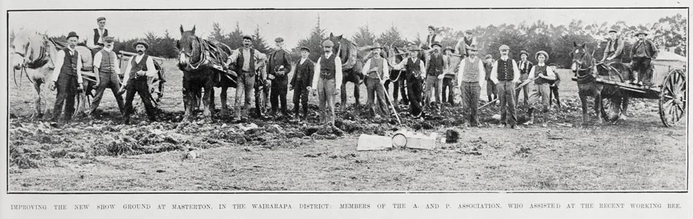 IMPROVING THE NEW SHOW GROUND AT MASTERTON, IN THE WAIRARAPA DISTRICT: MEMBERS OF THE A. AND P. ASSOCIATION. WHO ASSISTED AT THE RECENT WORKING BEE.