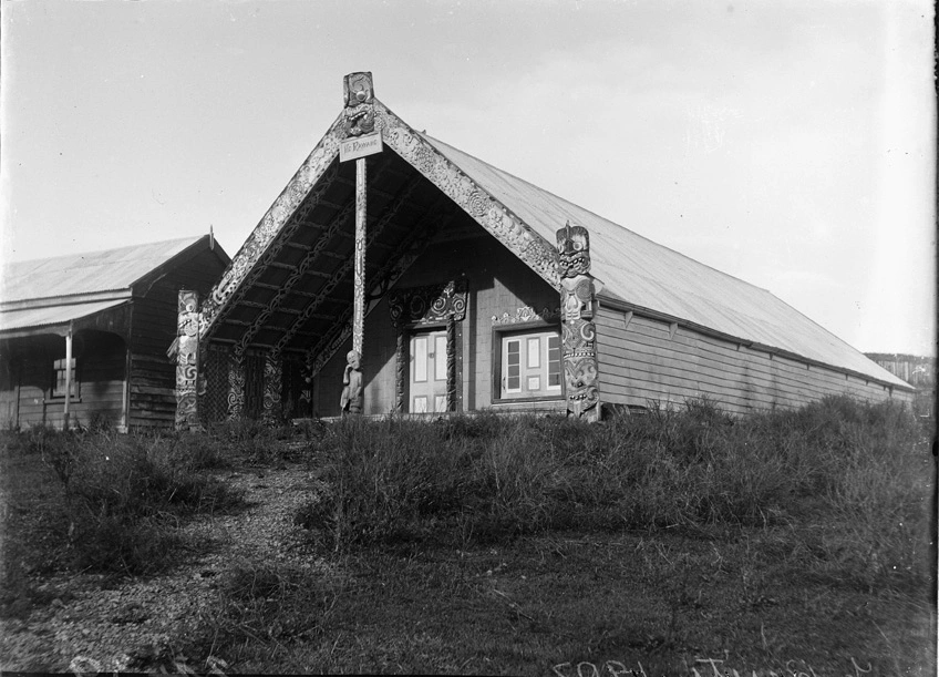 Meeting house at Te Kuiti with inscription 'Ko Rawaho', 1902 Record