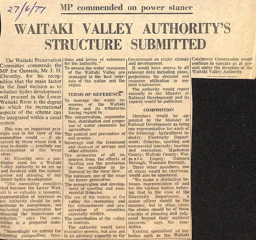 MP commended on power stance: Waitaki Valley Authority's structure submitted