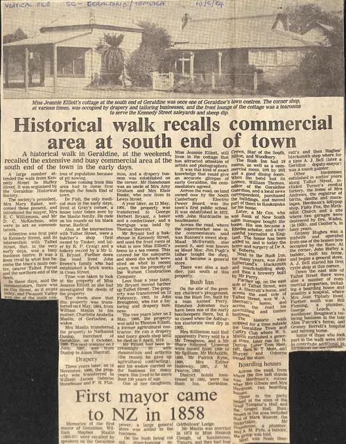 Historical walk recalls commercial area at south end of town / First mayor came to NZ in 1858
