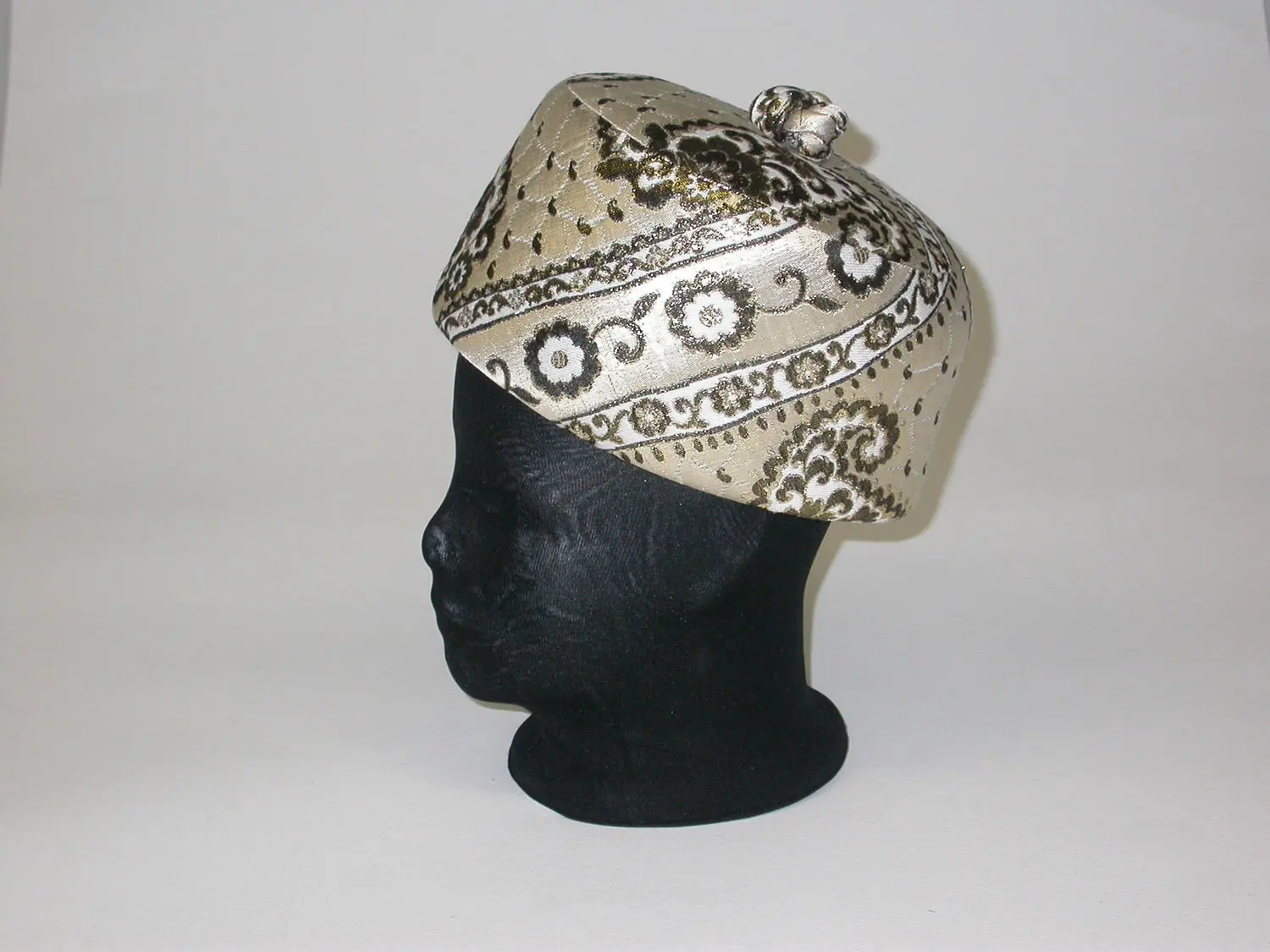Hat - Jean Rooks, Pillbox, Gold Paisley, circa 1960s