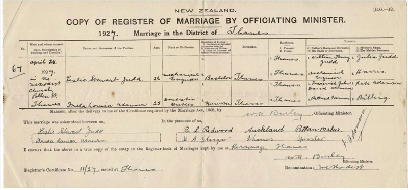 Certificate, marriage Judd / Adamson