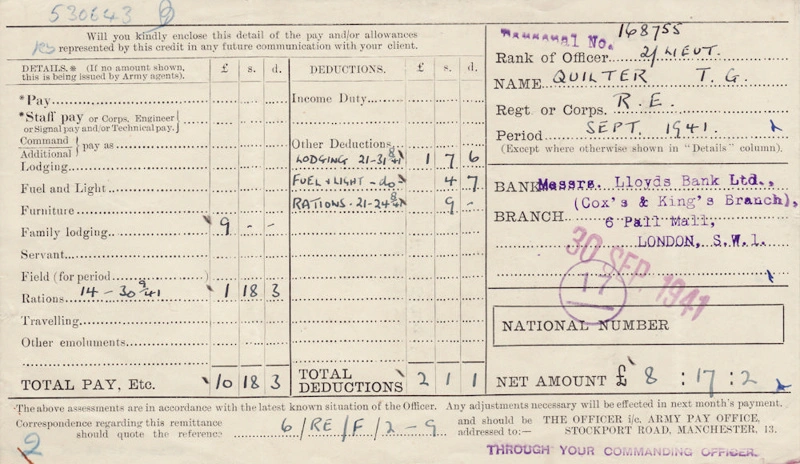 Pay Slips, British Army [Lieutenant Thomas George Quilter]
