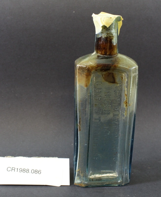 Glass bottle, previously held Bonnington's Irish Moss cough medicine
