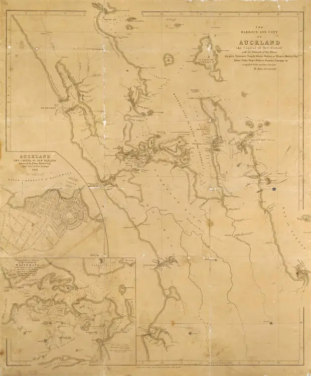 The harbour and city of Auckland, the capital of New Zealand with the districts of the rivers Kai para, Waitemata, Tamaki, Waihou or Thames, Mercury Bay, Kawia, Piako, Waipa, Waikato, Manakao, Tauranga, etc., compiled from various surveys by John Arrowsmith.