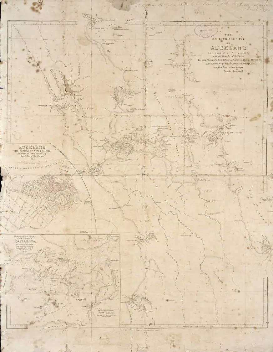 The harbour and city of Auckland, the capital of New Zealand with the districts of the rivers Kaipara, Waitemata, Tamaki, Waihou or Thames, Mercury Bay, Kawia, Piako, Waipa, Waikato, Manakao, Tauranga, etc., compiled from various surveys by John Arrowsmith.