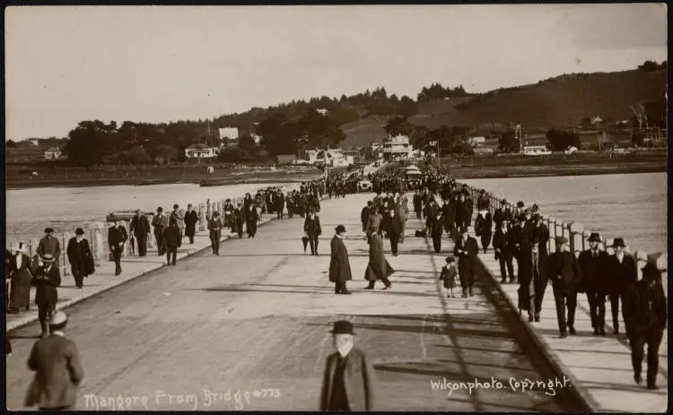 People crossing the new Māngere Bridge, 1915