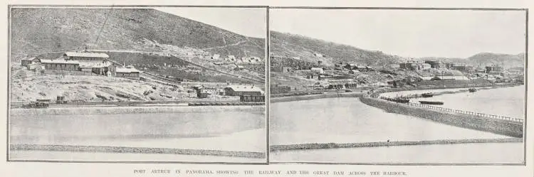 Port Arthur in panorama, showing the railway and the great dam across the harbour