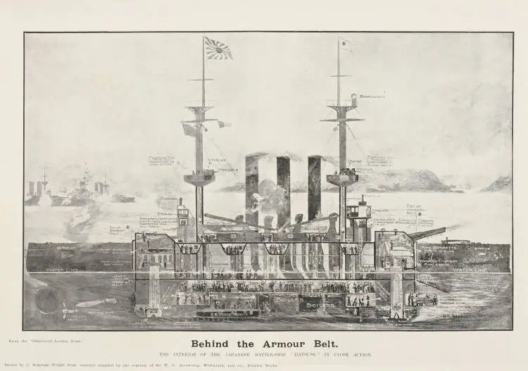 The interior of the Japanese battleship 'Hatsuse' in close action